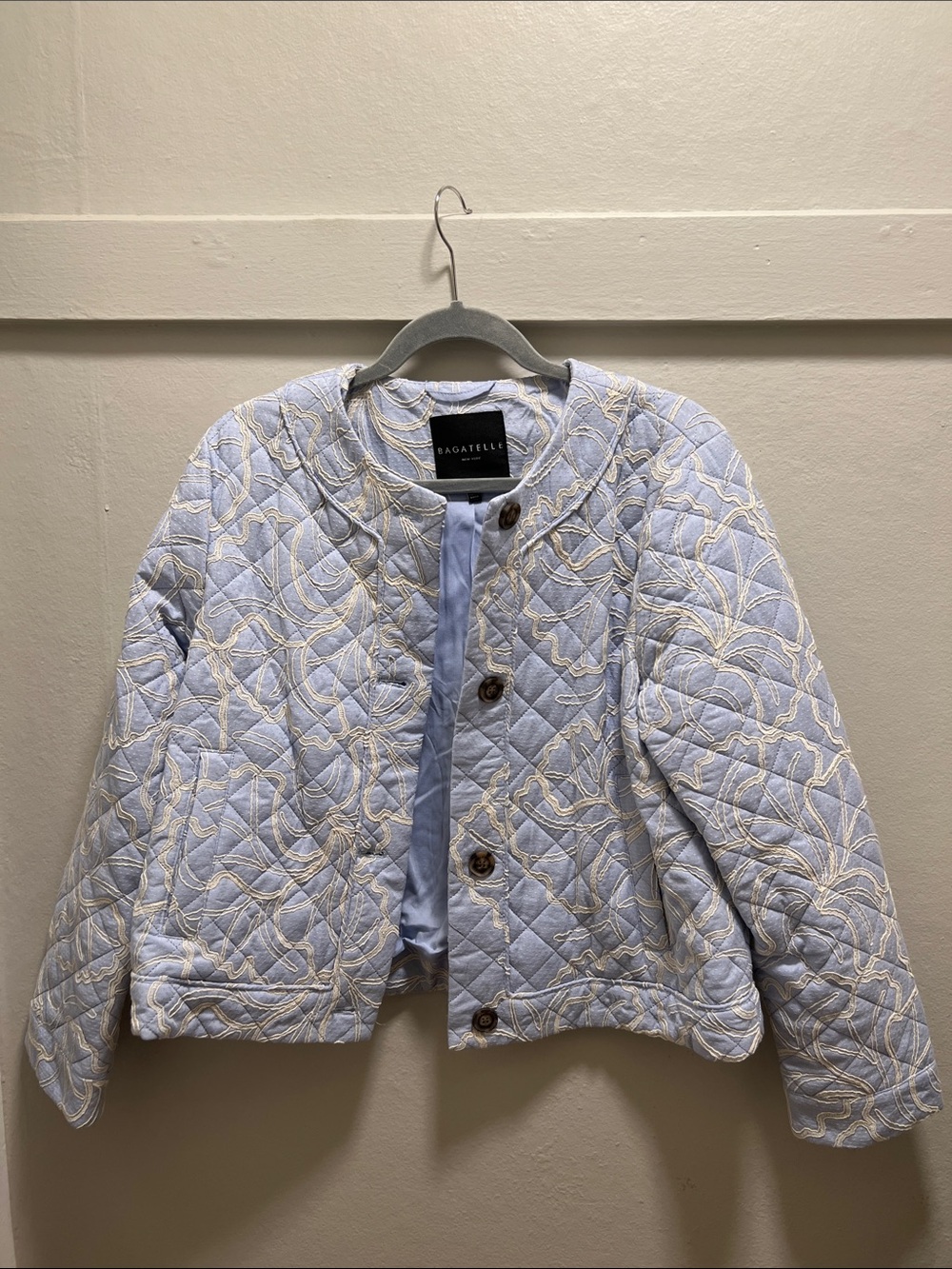 Bagatelle Light Blue Quilted Lady Jacket with Cream Stitching, Sz L